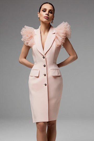 Robe blazer courte rose à simple boutonnage avec volants